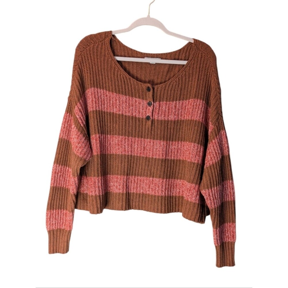 American Eagle Chunky Knit Striped Boxy Fit Henley Cropped Sweater size Large